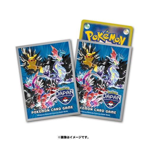 Two blue Pokémon Card Game sleeves with Pikachu, Koraidon, and Miraidon art, one holding a Pokémon card.