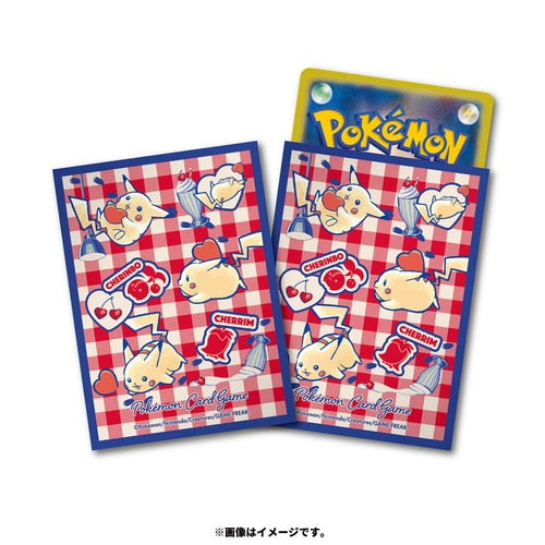 Two Pokémon card sleeves with a red and white checkered pattern, featuring Pikachu, Cherrim, and hearts. One sleeve holds a Pokémon card.