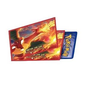 Premium Charizard Pokémon card sleeves, red with fiery Charizard art, and a blue sleeve with the Pokémon logo.