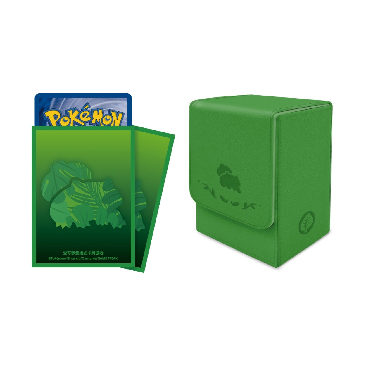 Green Pokémon 151 Bulbasaur flip deck case and matching card sleeves with a textured leather-like finish.