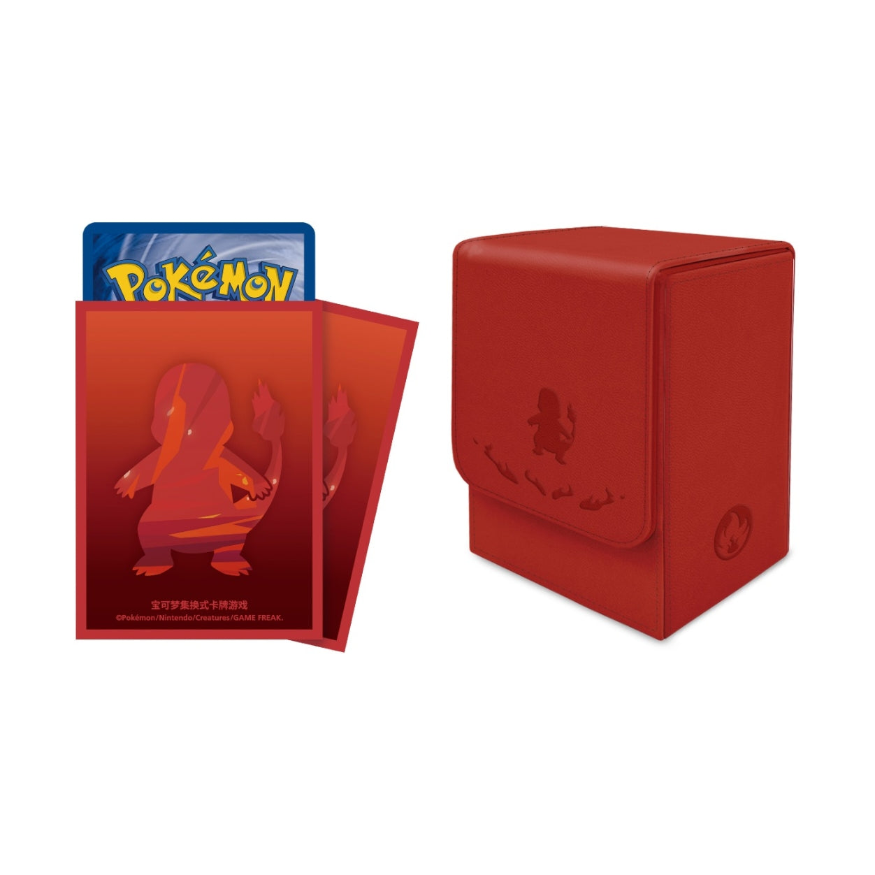 Red Pokémon 151 flip deck case and matching card sleeves featuring a Charmander silhouette design.