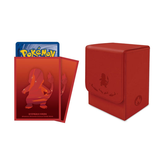 Red Pokémon 151 flip deck case and matching card sleeves featuring a Charmander silhouette design.