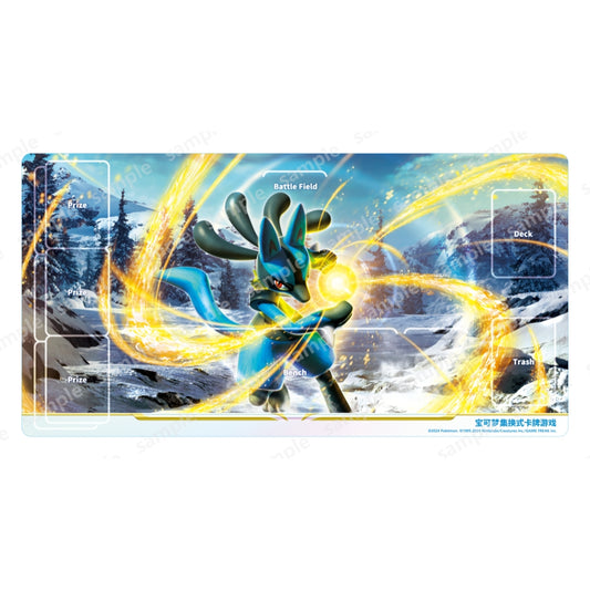 Lucario Pokémon TCG playmat with blue Lucario, yellow energy, and card zones on a snowy mountain background.