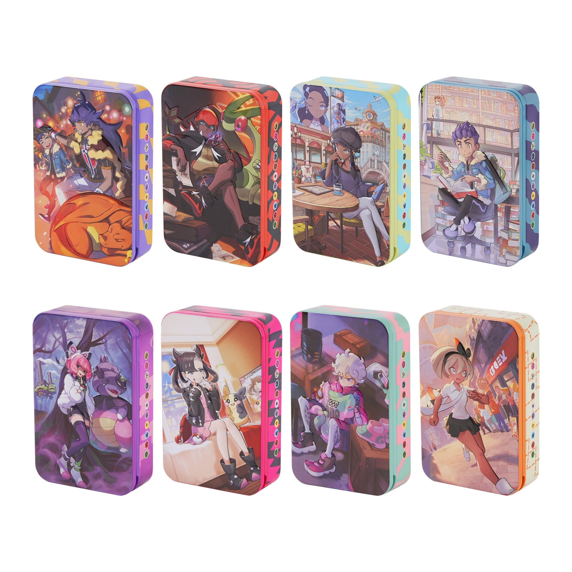 Eight colorful Pokémon Sword & Shield mini tins featuring unique anime-style character illustrations and vibrant metallic designs.