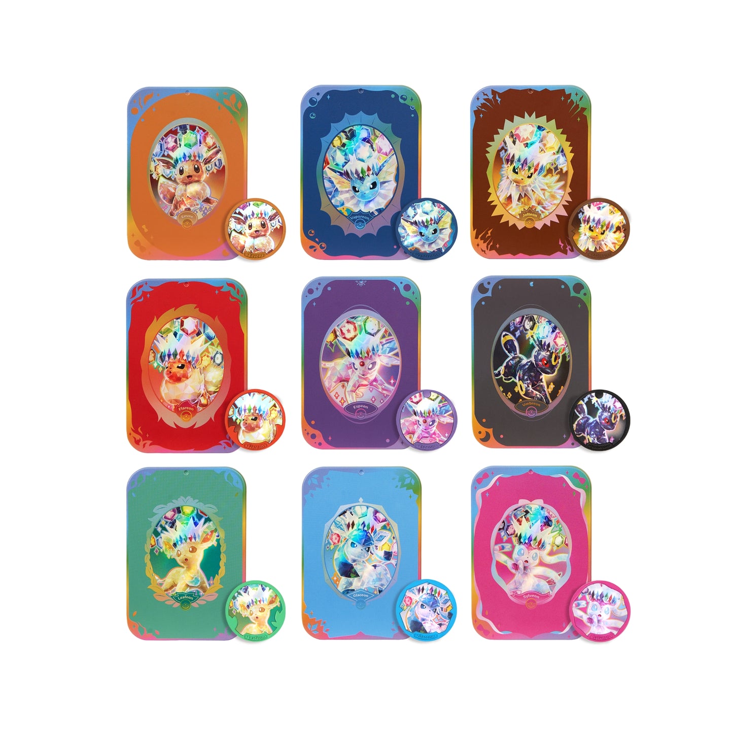 Nine Pokémon Eeveelution accessory sets featuring colorful metal storage cases and matching magnetic plates with Terastal art.