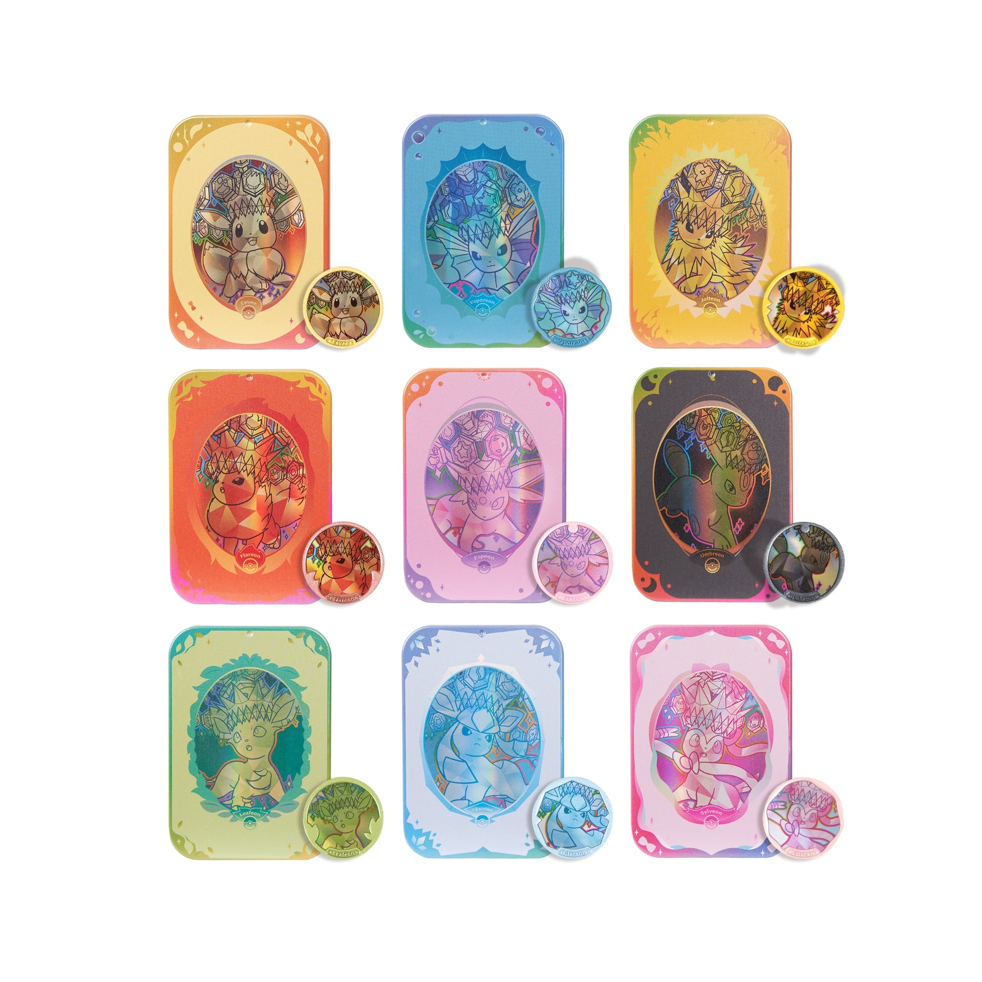 Nine Pokémon Terastal Festival accessory boxes featuring colorful Eeveelution designs with matching magnetic metal plates.