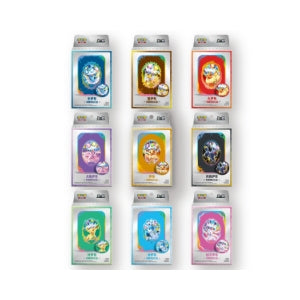 Nine Pokémon Terastal Festival accessory boxes featuring colorful Eeveelution designs with matching storage cases and plates.
