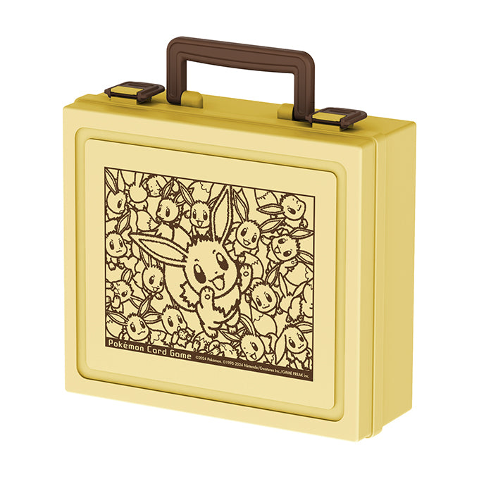 Yellow Pokémon Card Game travel case with brown handle, featuring Eevee and Eeveelutions design.