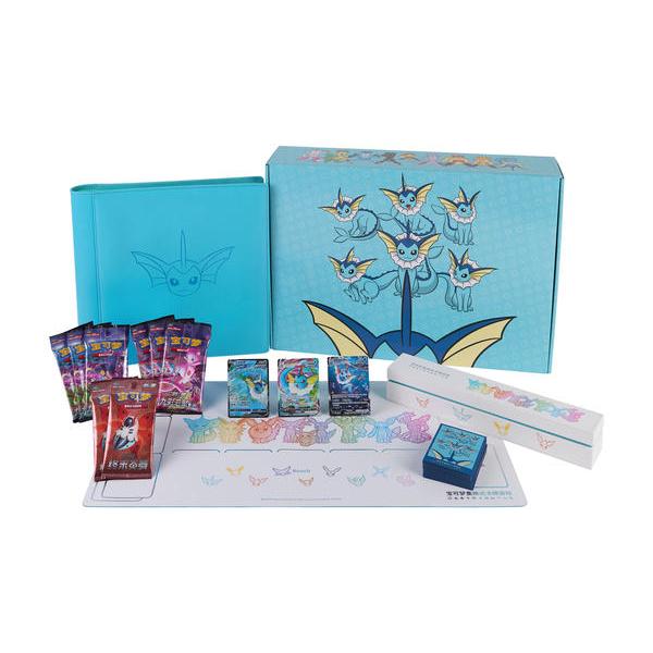 Blue Pokémon Eeveelution Advanced Collection Box with Vaporeon art, cards, playmat, and accessories.