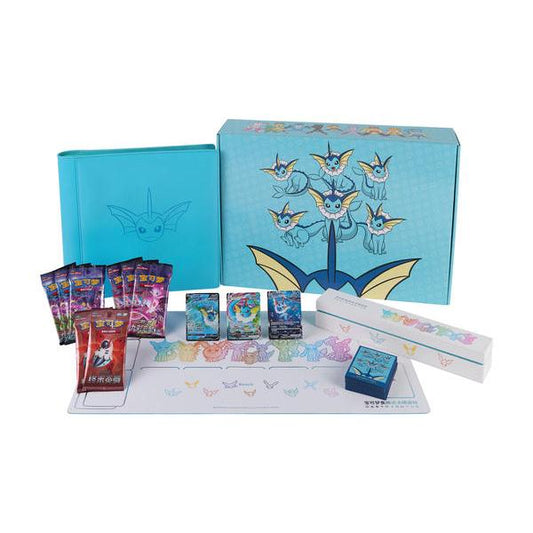Blue Pokémon Eeveelution Advanced Collection Box with Vaporeon art, cards, playmat, and accessories.