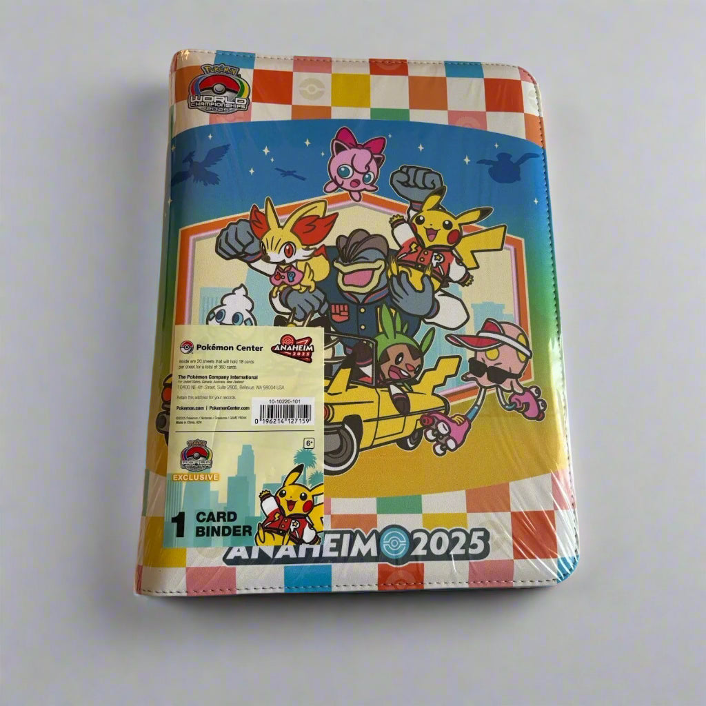 2025 Pokémon World Championships zip binder featuring colorful character art, a checkered border, and 360-card capacity.