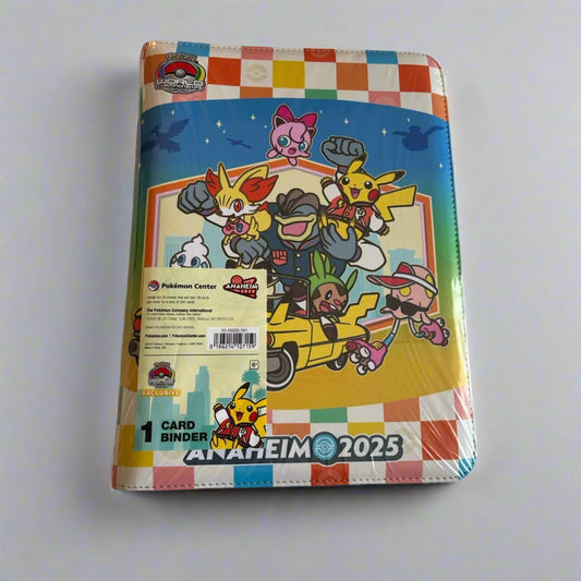 2025 Pokémon World Championships zip binder featuring colorful character art, a checkered border, and 360-card capacity.