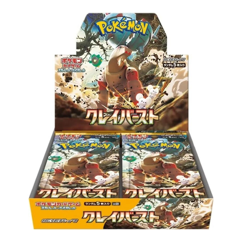 Factory-sealed Japanese Pokémon Clay Burst booster box featuring Ting-Lu artwork and 30 card packs.