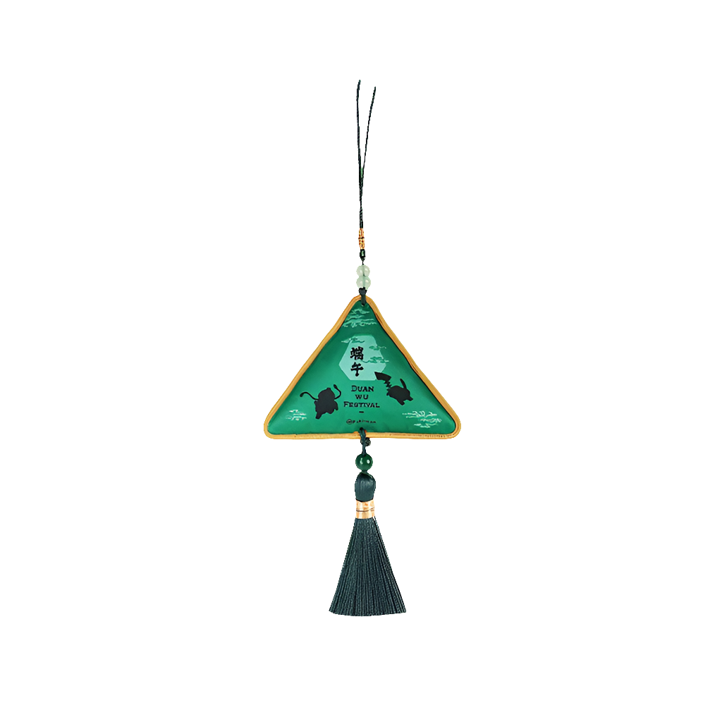 Jade-green triangular Pokémon Dragon Boat Festival pendant featuring Pikachu, Bulbasaur, and calligraphy with a tassel.