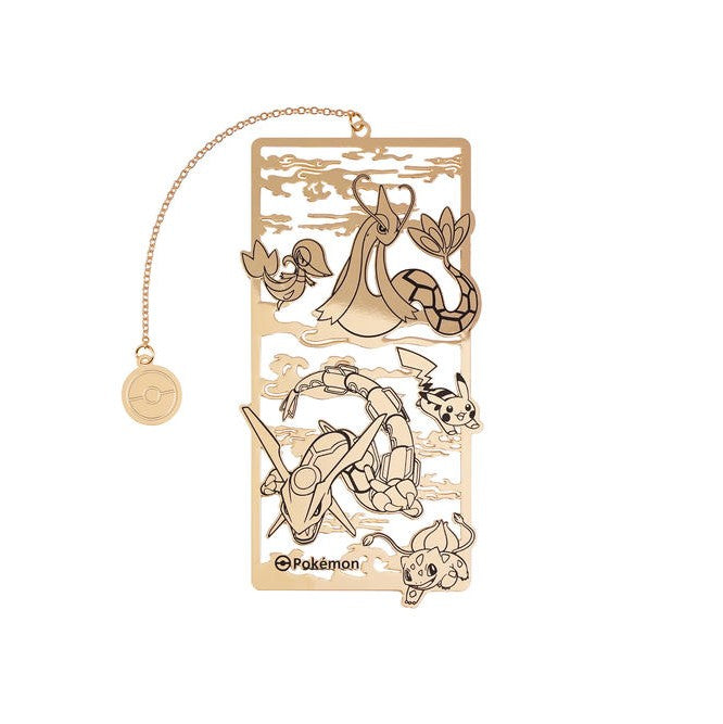 Gold-toned metal Pokémon bookmark featuring Rayquaza, Milotic, Snivy, Pikachu, and Bulbasaur with a Poké Ball charm.