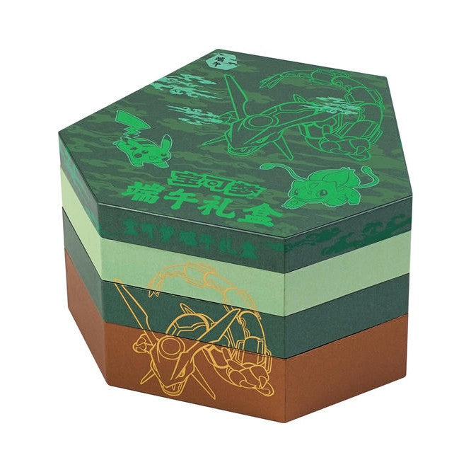 Jade-green, three-tier hexagonal Pokémon Dragon Boat Festival gift box featuring Rayquaza, Pikachu, and Bulbasaur illustrations.