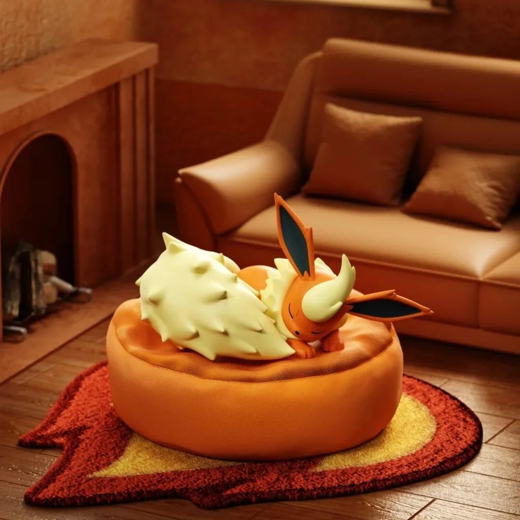 Flareon sleeping on a soft, round orange beanbag cushion, set in a cozy living room with a fireplace and sofa.