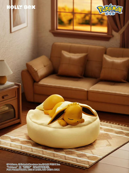 Jolteon sleeping on a soft, round yellow beanbag cushion in a cozy living room setting.