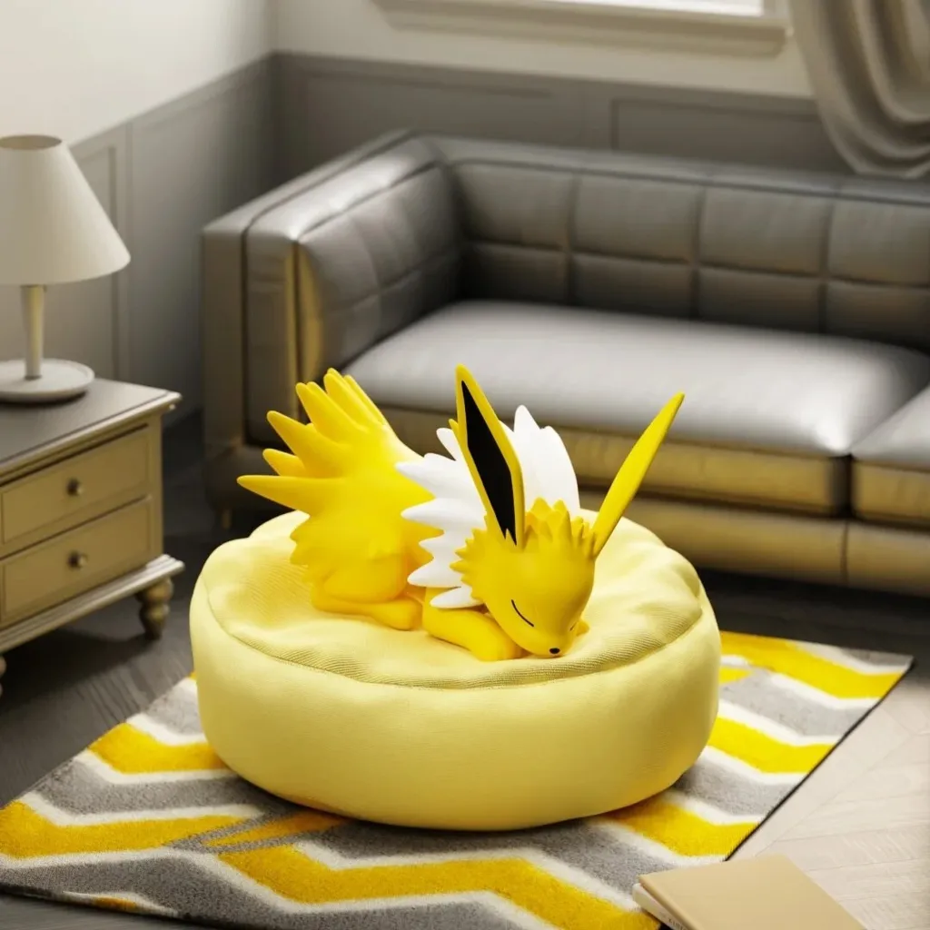 Yellow Jolteon figure sleeping on a soft, round yellow beanbag cushion, perfect for use as a wrist rest or screen cleaner.