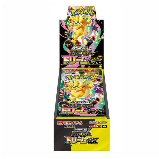 Factory-sealed Japanese Pokémon Mega Dream ex booster box featuring Dragonite, Lucario, and Mewtwo artwork.