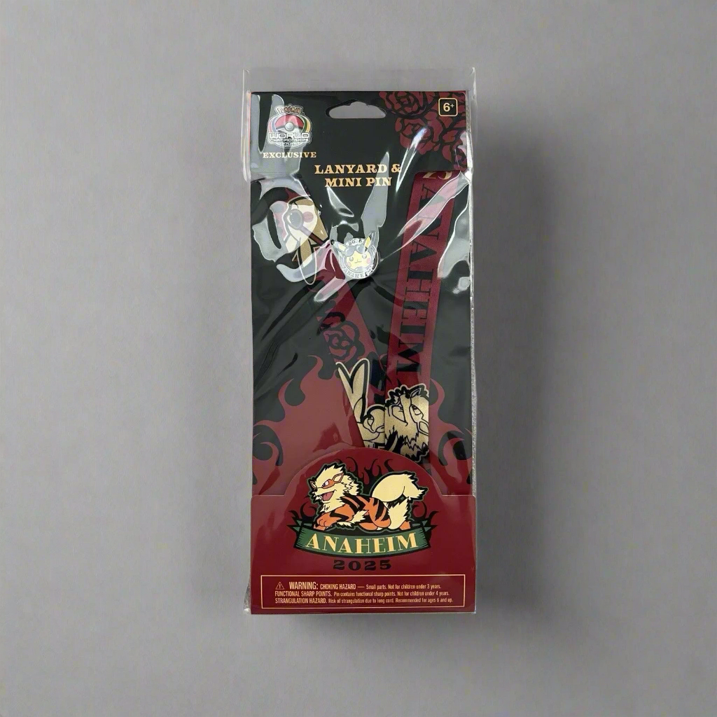 2025 WCS Anaheim Pokémon lanyard and Pikachu pin in black and red packaging with Arcanine graphic.