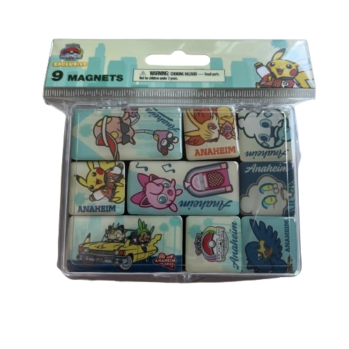 Nine rectangular Pokémon 2025 WCS Anaheim magnets featuring colorful character illustrations in a clear plastic retail pack.