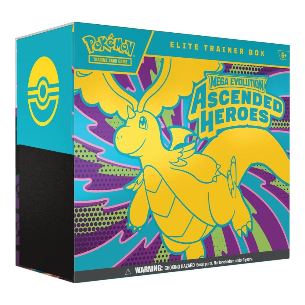Pokémon Ascended Heroes Elite Trainer Box featuring a yellow Mega Dragonite graphic on a teal, purple, and black patterned box.