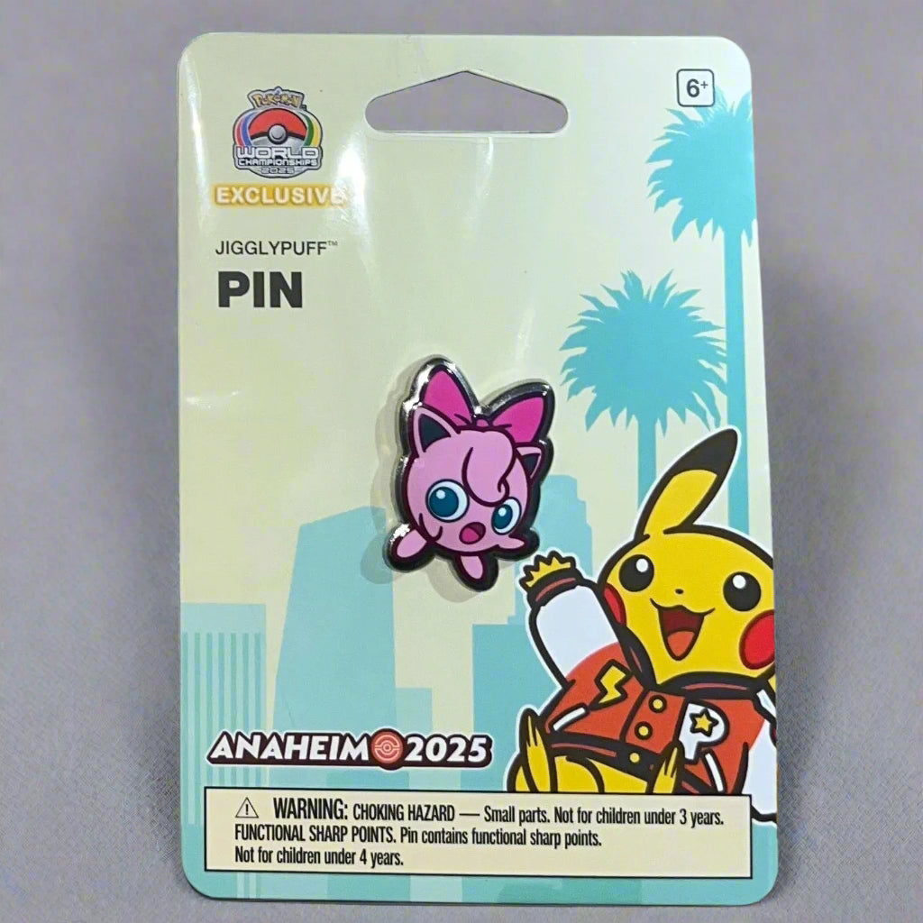 2025 WCS Jigglypuff enamel pin featuring a pink Jigglypuff with a bow on a branded Anaheim 2025 display card.