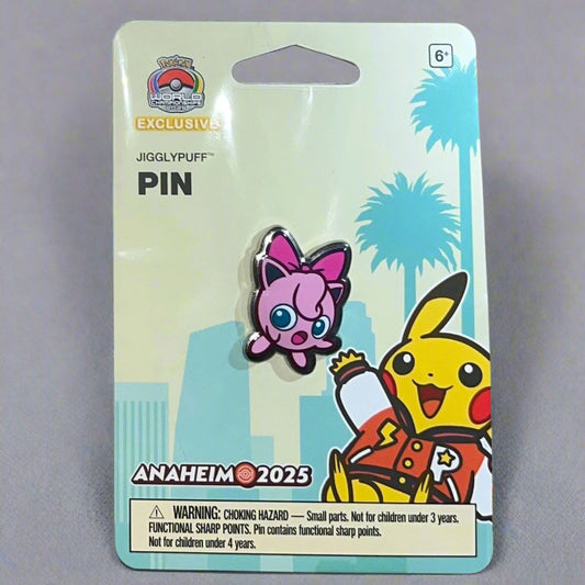 2025 WCS Jigglypuff enamel pin featuring a pink Jigglypuff with a bow on a branded Anaheim 2025 display card.