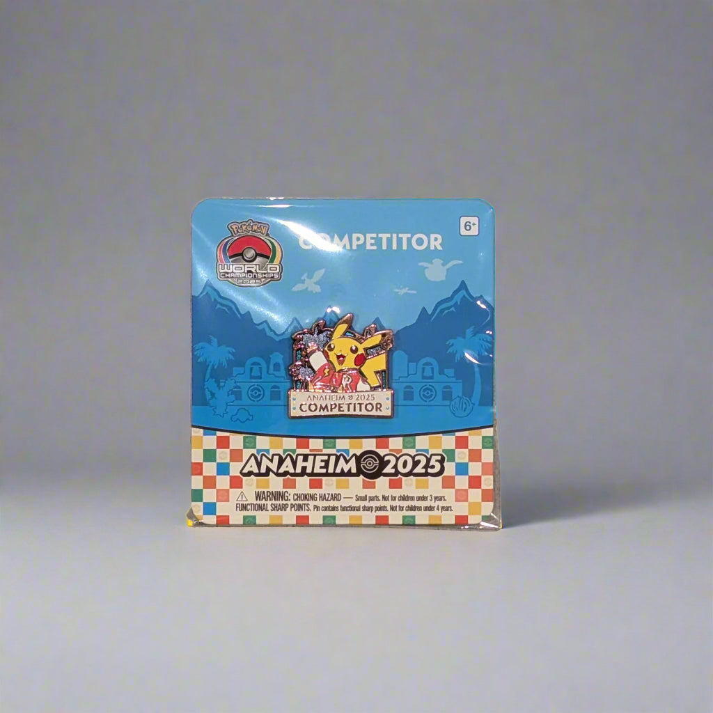 2025 World Championships Pikachu Competitor enamel pin on a blue branded backing card with Anaheim 2025 graphics.