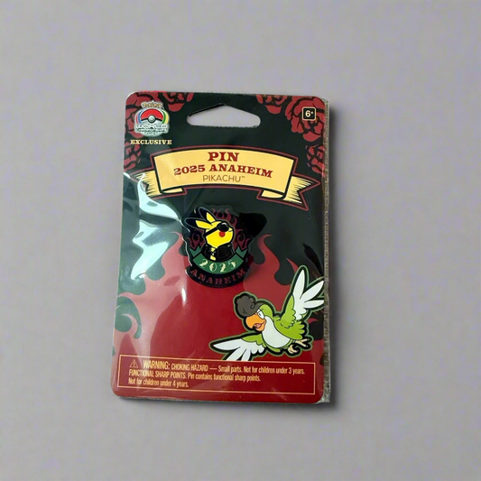 2025 WCS Anaheim exclusive enamel pin featuring Pikachu wearing sunglasses on a themed display card.