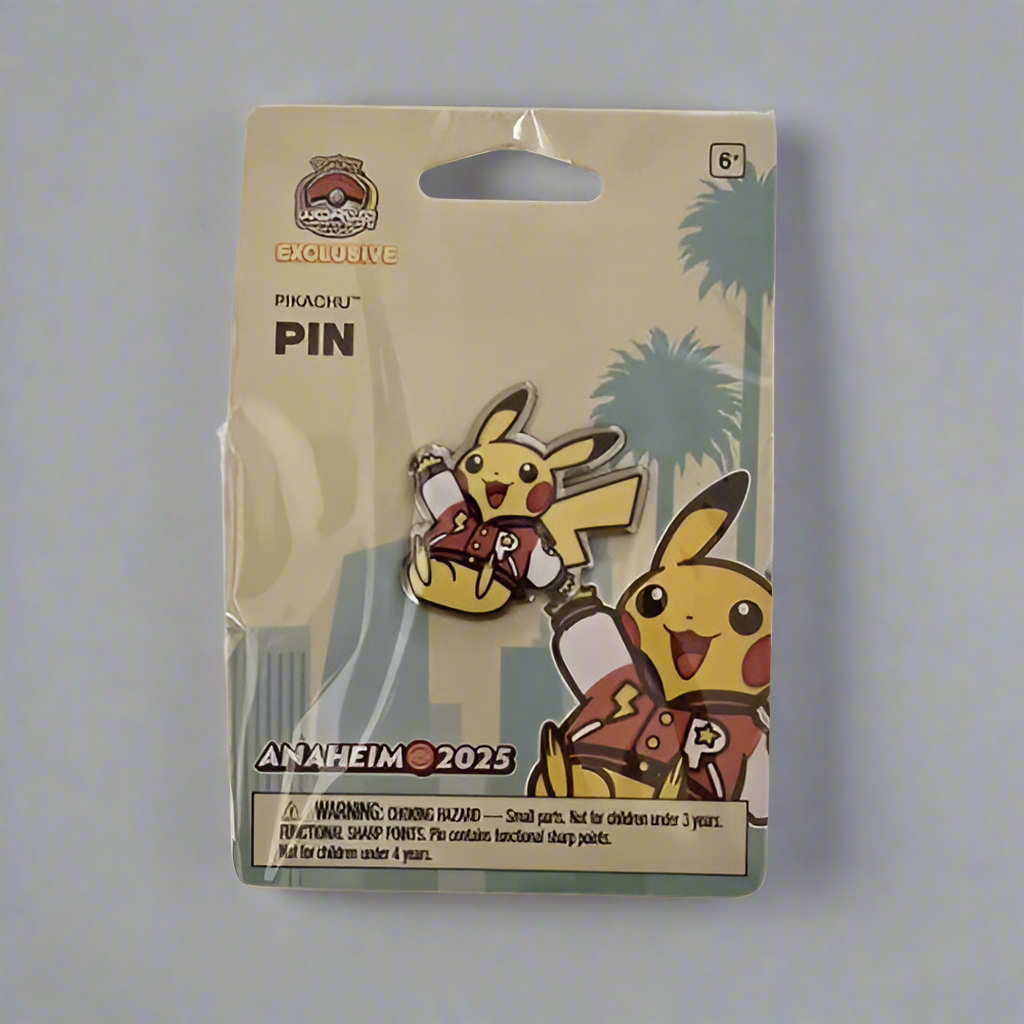 2025 WCS Anaheim Pikachu enamel pin featuring a smiling Pikachu in a varsity jacket on branded display packaging.