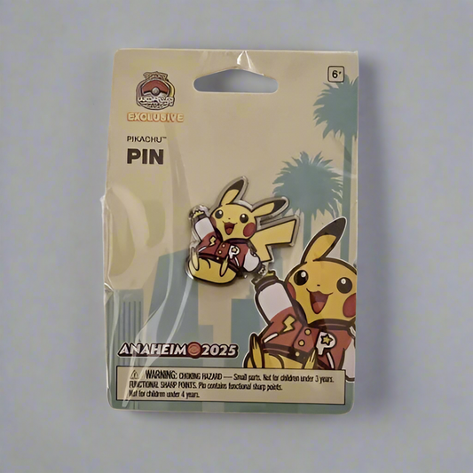 2025 WCS Anaheim Pikachu enamel pin featuring a smiling Pikachu in a varsity jacket on branded display packaging.