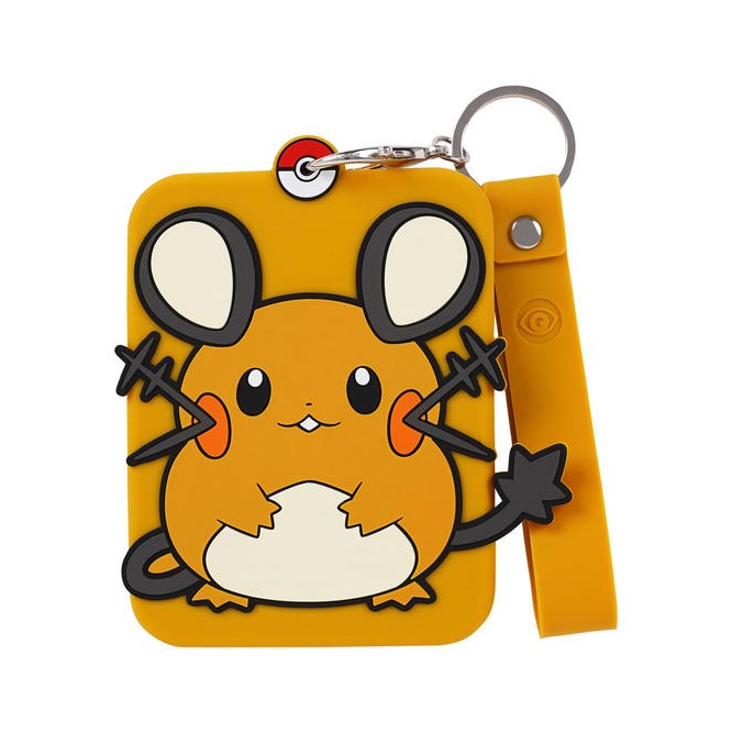 Yellow silicone Raichu Pokémon card display with a metal keychain and matching wrist strap.