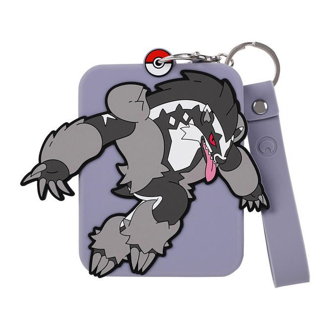 Purple silicone Pokémon display with Obstagoon design, Poké Ball keychain, and wrist strap.