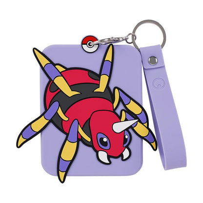 Purple silicone Pokémon Spinarak display keychain with a card protective case.