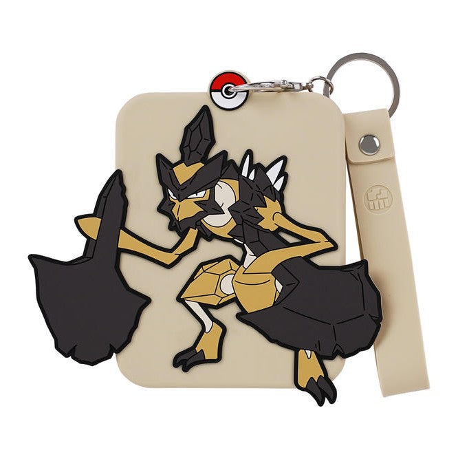 Pokémon Haxorus silicone display with beige case, black and gold character, and Poké Ball keychain.