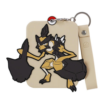 Pokémon Haxorus silicone display with beige case, black and gold character, and Poké Ball keychain.