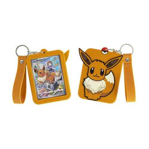 Orange silicone Pokémon Eevee card display with keychain and wrist strap, showing front and back views.