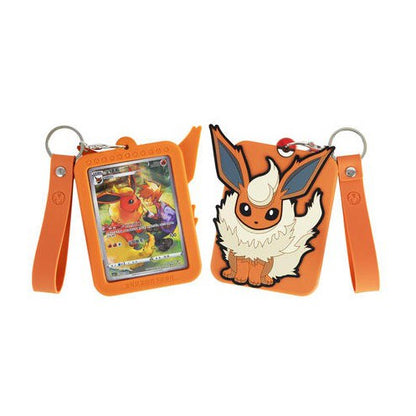 Orange silicone Pokémon Flareon card display with wrist strap, one showing a card, the other with a raised Flareon design.