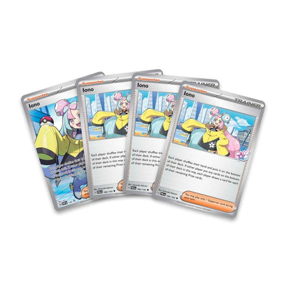 Four Pokémon TCG Iono Supporter cards, featuring the influencer in a yellow jacket, fanned out on a white background.