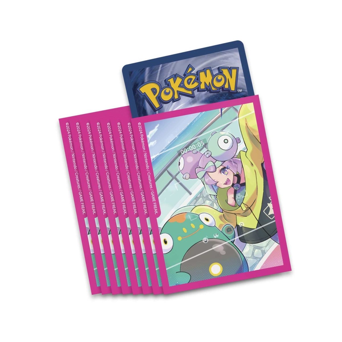 Pink Pokémon TCG card sleeves featuring Iono and Magnemite, with a blue Pokémon card peeking out.