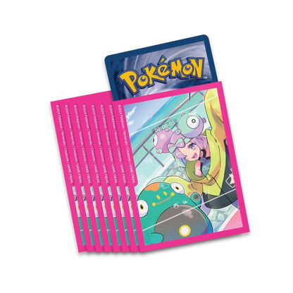 Pink Pokémon TCG card sleeves featuring Iono and Magnemite, with a blue Pokémon card peeking out.