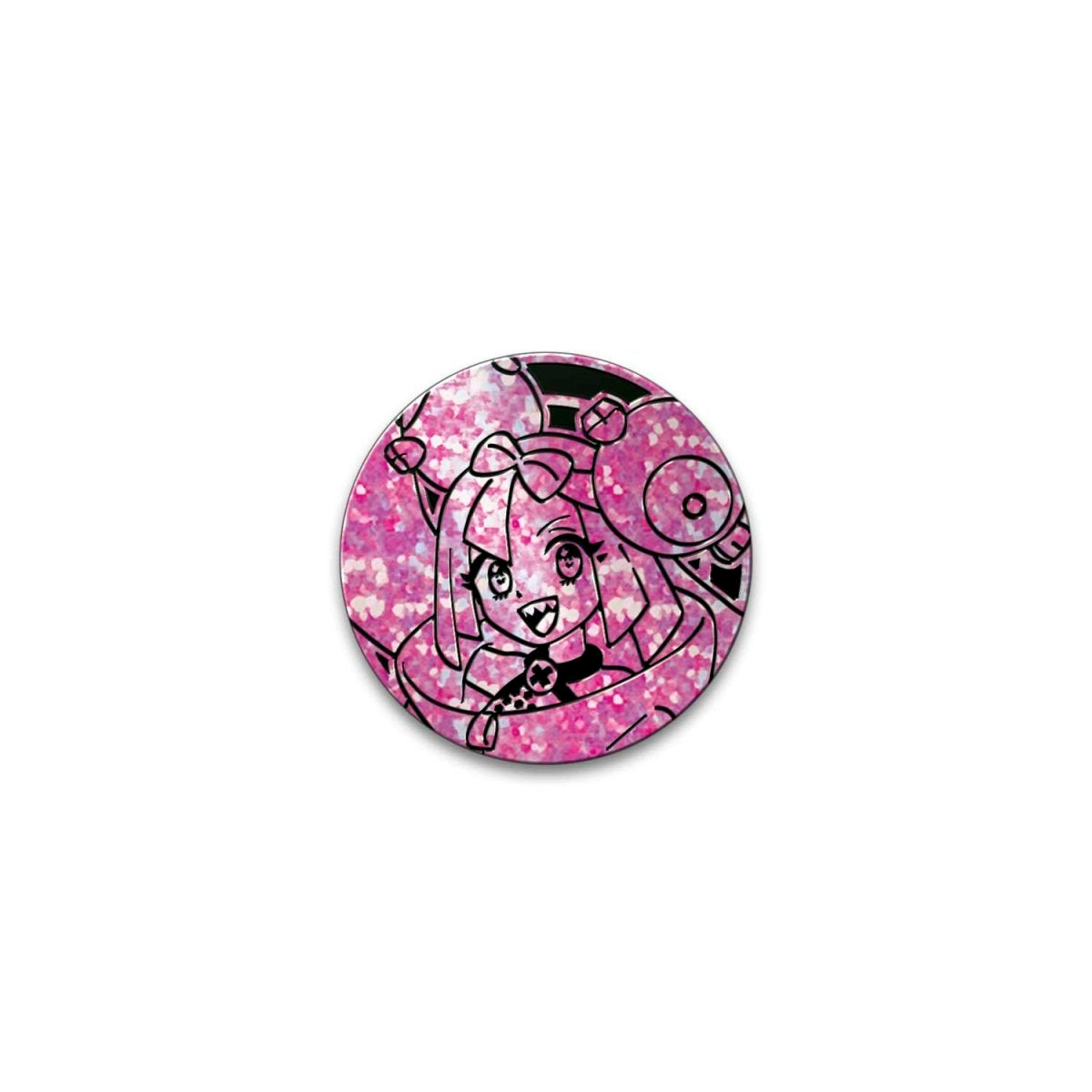 Pink metallic Pokémon TCG coin featuring Iono's black outline art with a glittery finish.