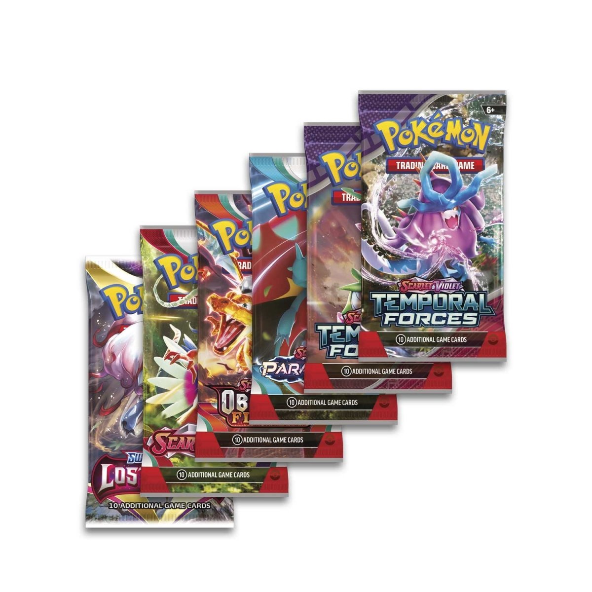 Six colorful Pokémon TCG booster packs, including Scarlet & Violet Temporal Forces, fanned out on a white background.