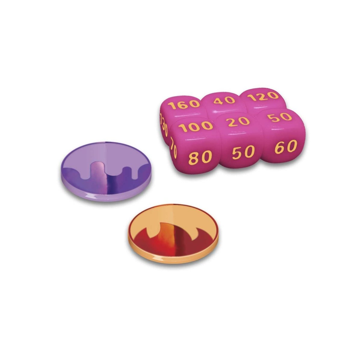 Purple and orange metallic coins with pink damage dice for Pokémon TCG.