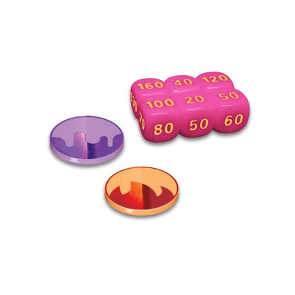 Purple and orange metallic coins with pink damage dice for Pokémon TCG.