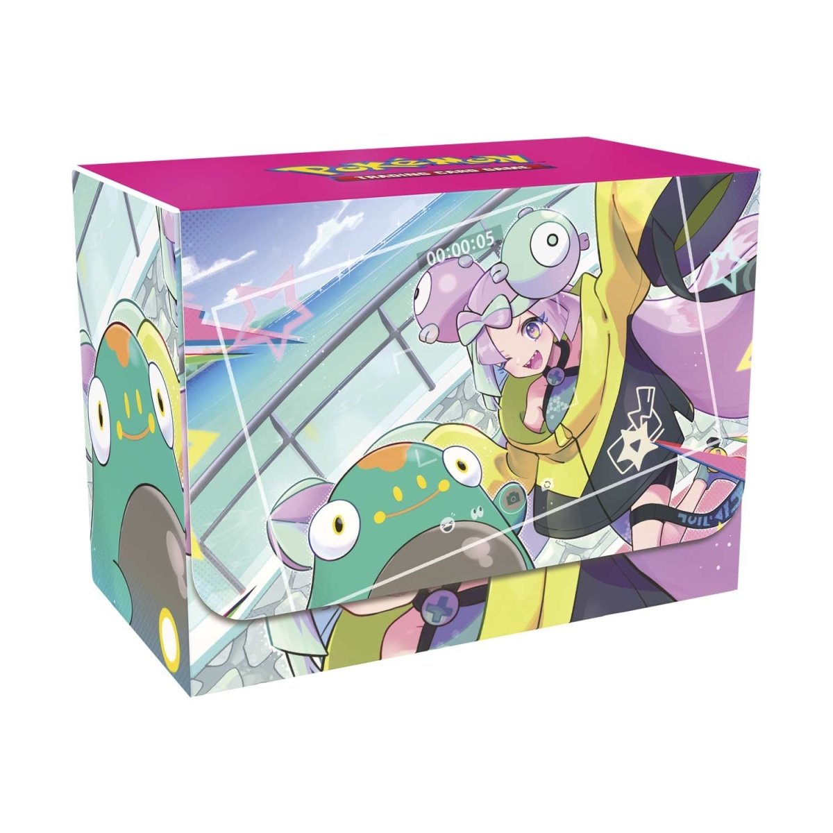 Pokémon TCG Iono Premium Tournament Collection "Milkbox" with vibrant anime art of Iono and a green frog-like creature.
