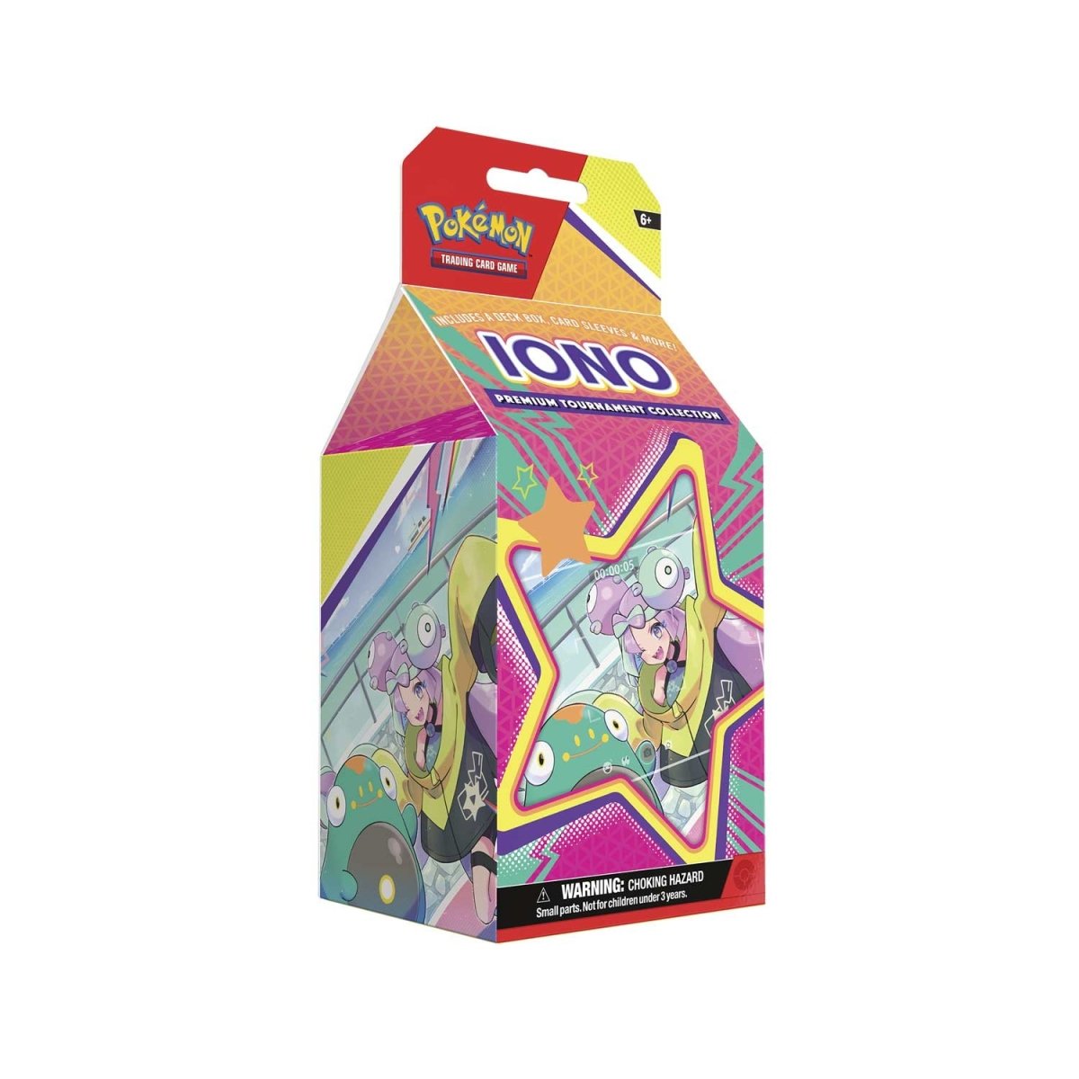 Pokémon TCG Iono Premium Tournament Collection milkbox, featuring Iono and Pokémon on a vibrant pink and yellow box.