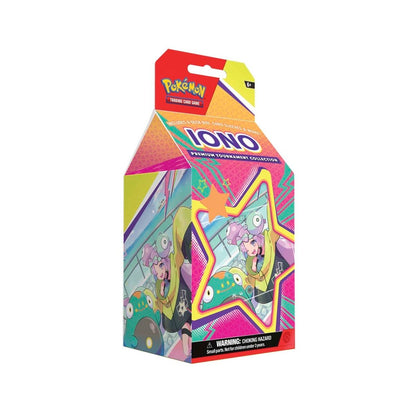 Pokémon TCG Iono Premium Tournament Collection milkbox, featuring Iono and Pokémon on a vibrant pink and yellow box.